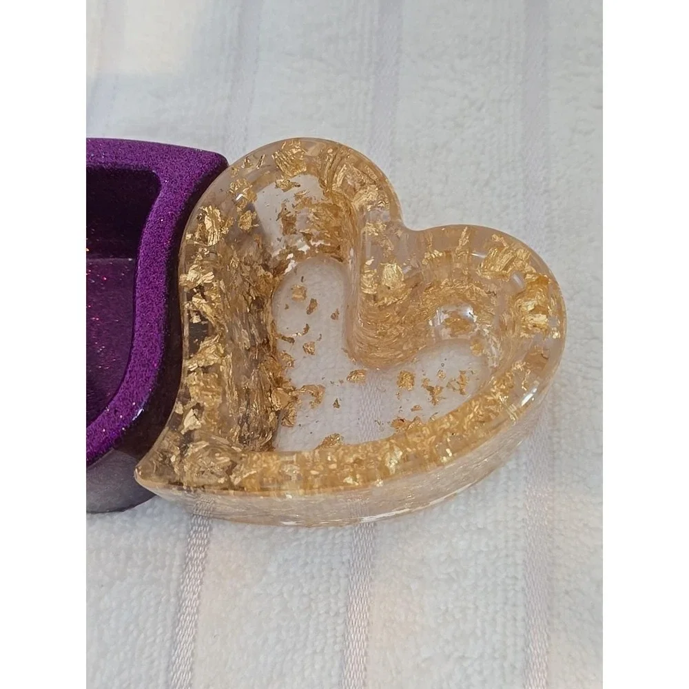Handmade Resin Purple And Gold Heart‎ Shaped Trinket Boxes. 757